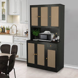 Modern Black Rattan Freestanding Kitchen Pantry Cabinet with 6 Doors & Drawer wirrytor