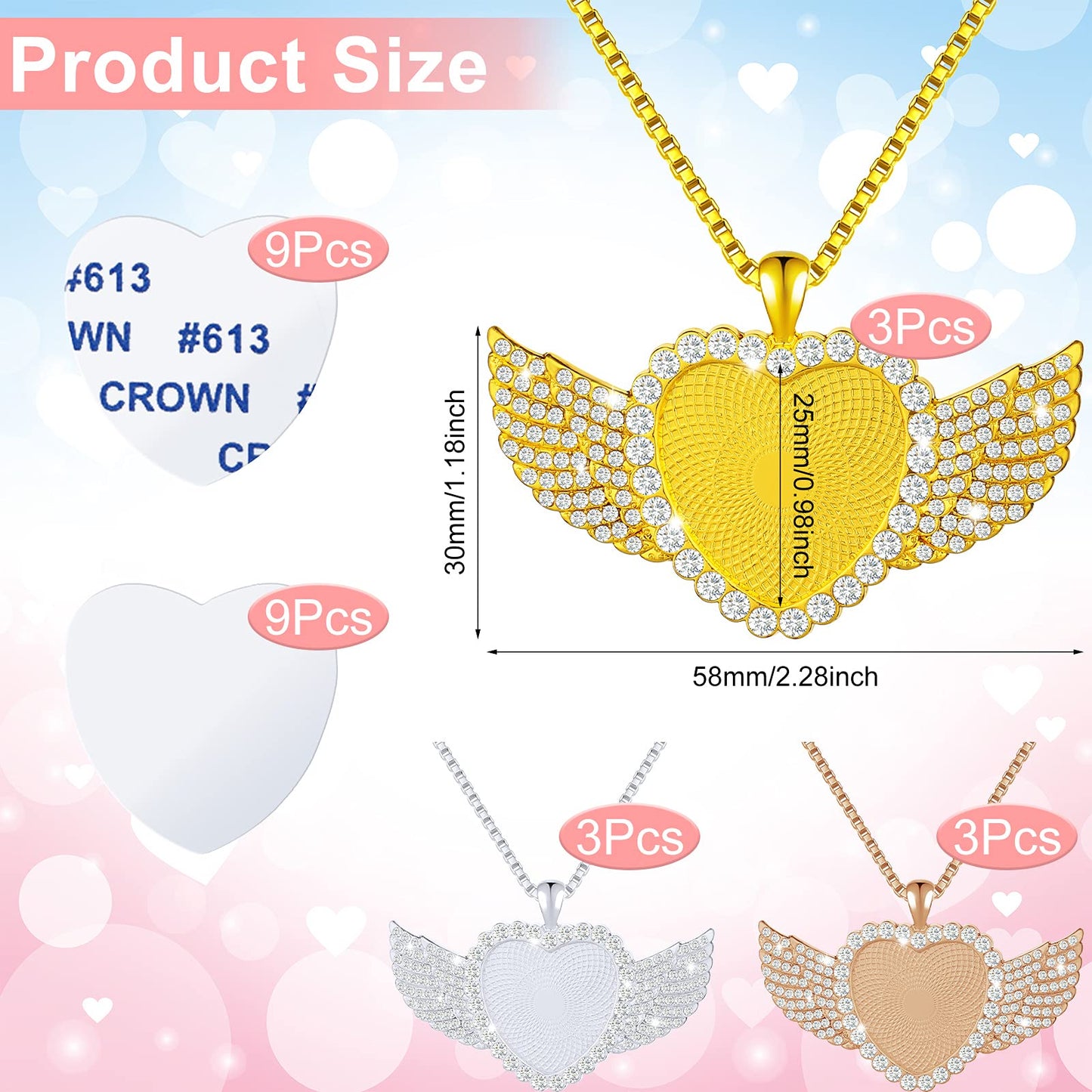 Hicarer 9 Pieces Sublimation Blank Necklace with Chain Set Blank Necklace Rhinestone Wing Shape Bezel Pendant Tray, 25 mm Sublimation Sheet, Double Sided Tape for DIY (Heart Shape Style)