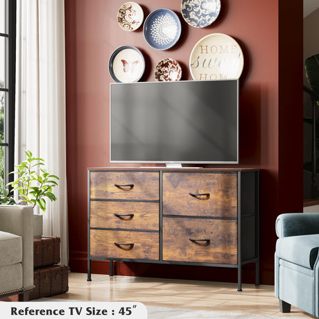 WLIVE Dresser for Bedroom with 5 Drawers, Wide Bedroom Dresser with Drawer Organizers, Chest of Drawers, Fabric Dresser for Living Room, Closet, Hallway, Rustic Brown Wood Grain Print WLIVE