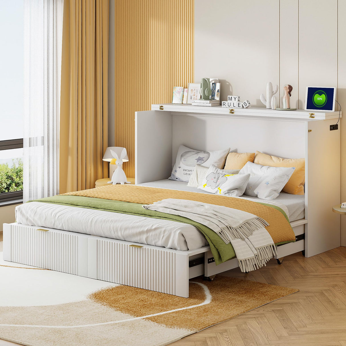 Harper & Bright Designs Queen Size Murphy Bed, Wood Queen Wall Bed with Drawer and a Set of Sockets & USB Ports, Pulley Structure Design, White Harper & Bright Designs
