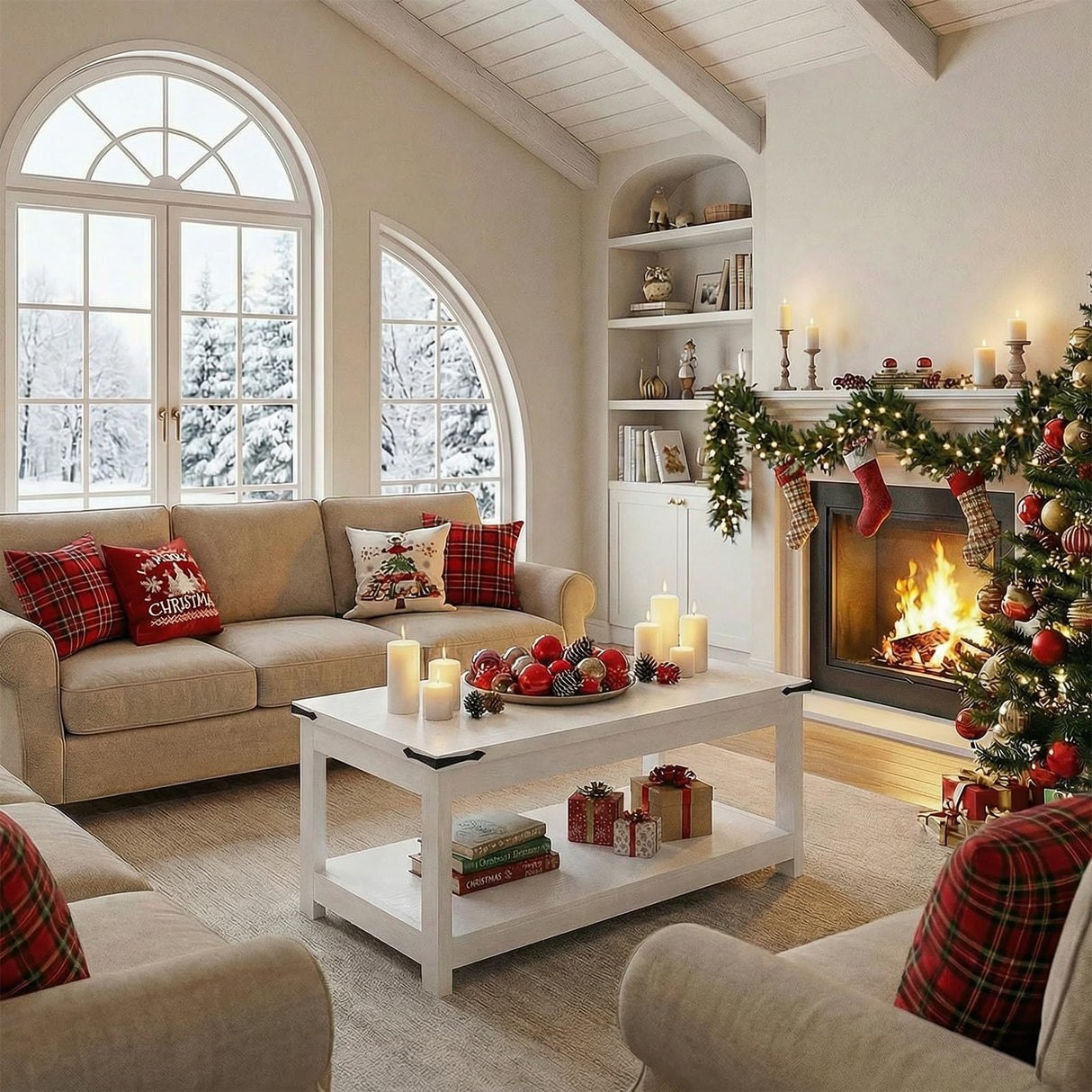 Homieasy Coffee Table with Storage Shelf, 43.3” Farmhouse Wood Coffee Tables for Living Room, Modern Center Tea Table, White