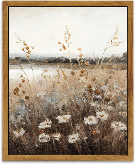 KBKBART Vintage Wall Art Framed, Retro Countryside Autumn Wildflower Field Landscape Canvas Painting Farmhouse Decor Wall Art, Rustic Fall Landscape Bathroom Wall Decor for Bedroom Living Room, KBKBART
