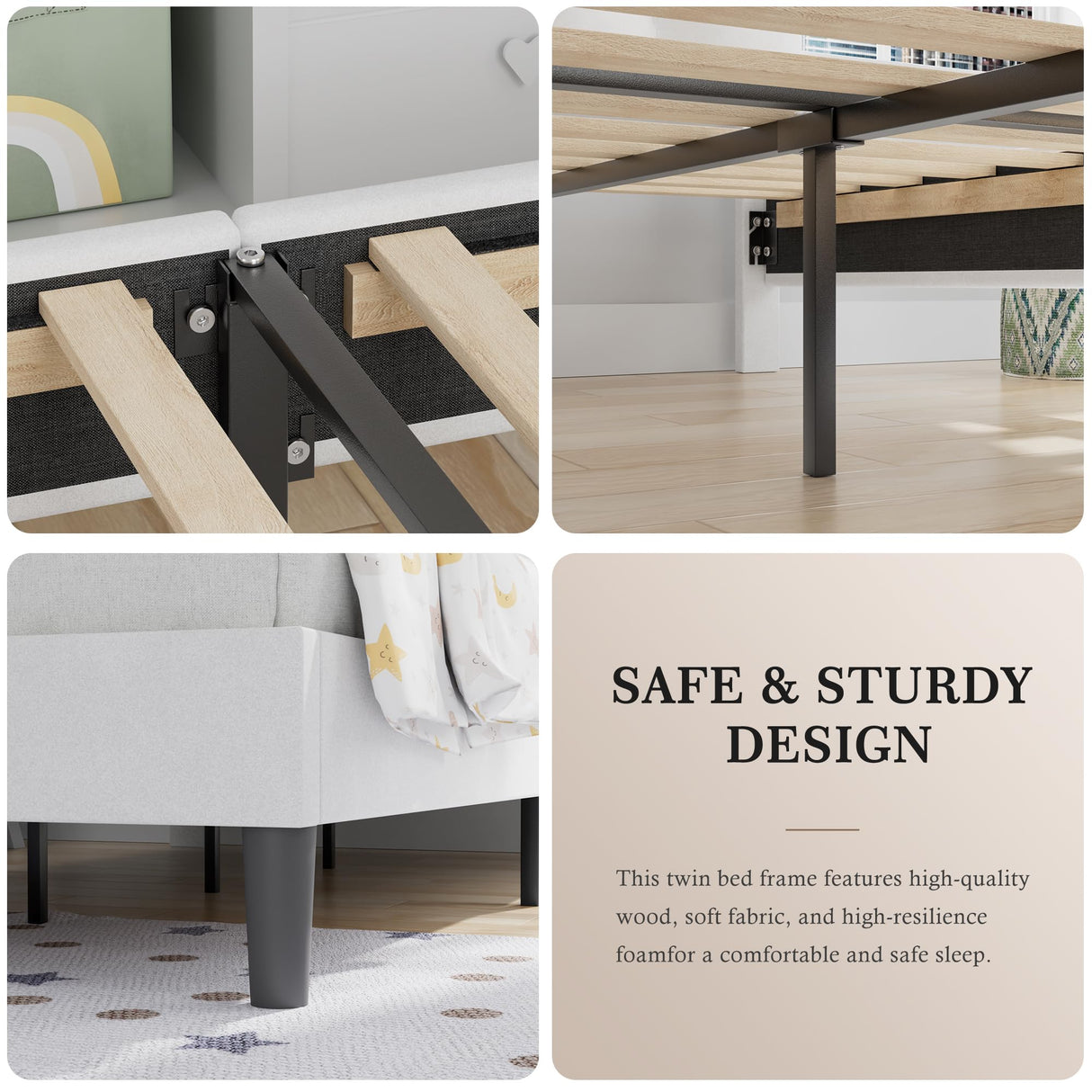 VECELO Twin Bed Frame with Upholstered Headboard, Heavy-Duty Platform Bedframe with Strong Wooden Slats Support, No Boxing Spring Needed, Pure White VECELO