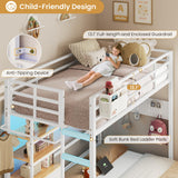 DICTAC Twin Over Full Bunk Bed with 4 Storage Drawers and 3-Tier Open Bookshelf Metal Bunk Bed with LED Lights,Charging Station and Organizer Pegboard,bunk Beds with Safety Guardrail and Ladder,White DICTAC