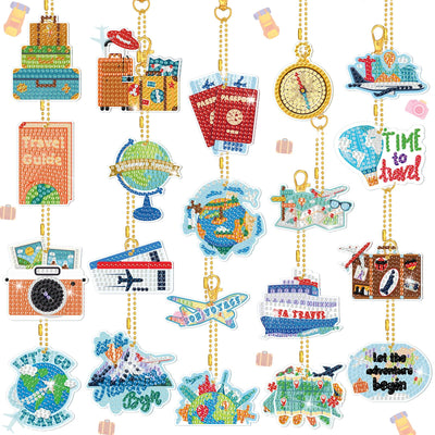 Kenning 20 Pcs Travel Diamond Painting Keychains Travel Themed 5d Rhinestone Key Ring Double Sided Diamond Key Chain