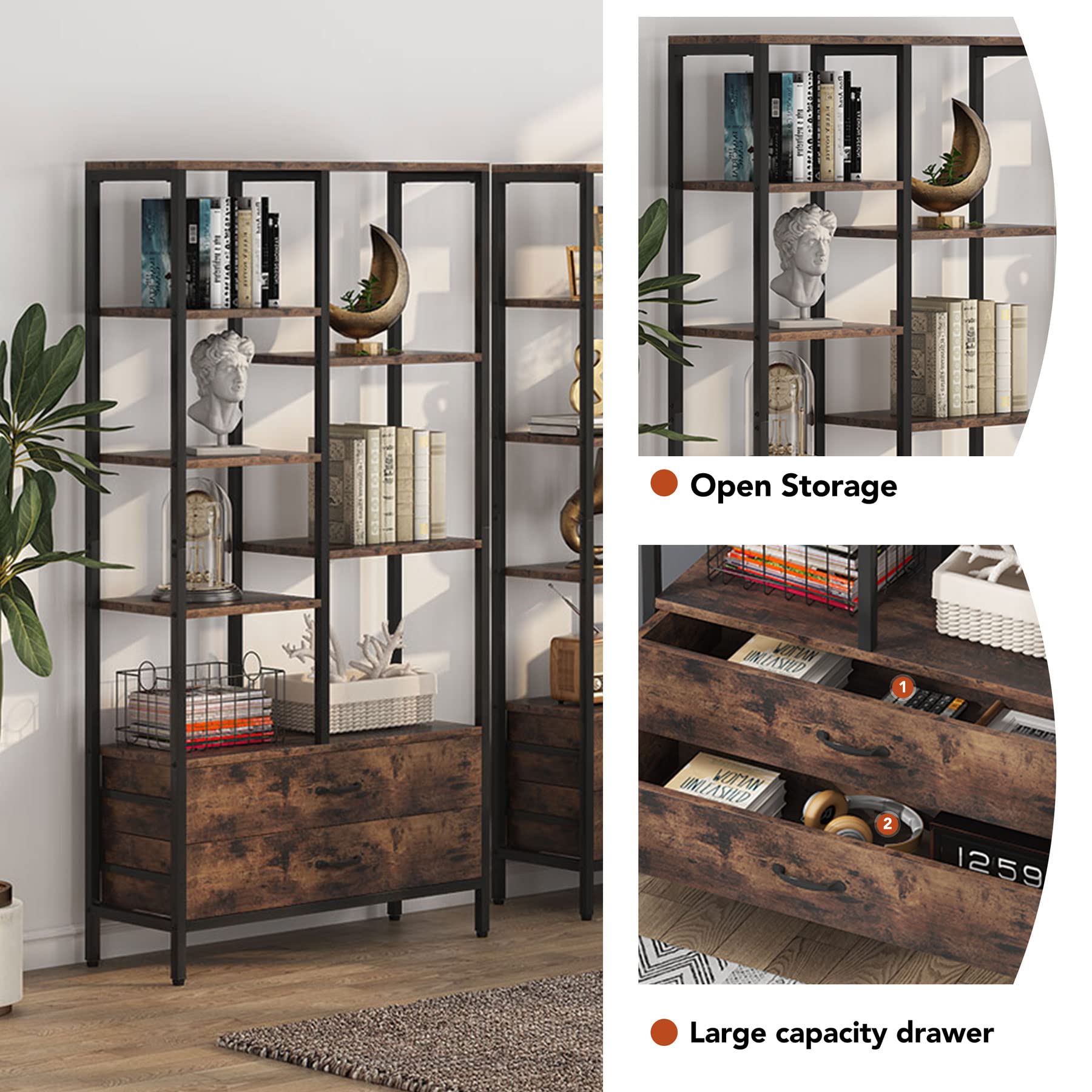 Tribesigns Industrial Tall Bookcase with Drawers - 2-Pack Versatile Open and Hidden Storage Shelves - WoodArtSupply