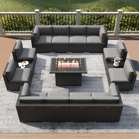 LayinSun 15 Piece Patio Furniture Set with Fire Pit Table, Outdoor Conversation Sets Wicker Rattan Sectional Sofa with Coffee Table LayinSun