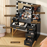 FIONESO Makeup Vanity Desk with Mirror & Lights, Vanity Desk with 4 Drawers & Charging Station, Dressing Vanity Table with Open Storage Shelves, 3 Color Modes, Vanity Table for Bedroom, Black FIONESO