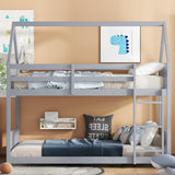 Ball & Cast Twin Over Twin House Bunk Bed for Kids,Rubber Wood Bunk Bed with Headboards, Footboards and Guardrails, Ladder,Twin Size House Shaped Bunk-Bed, No Box Spring Needed,Gray Ball & Cast