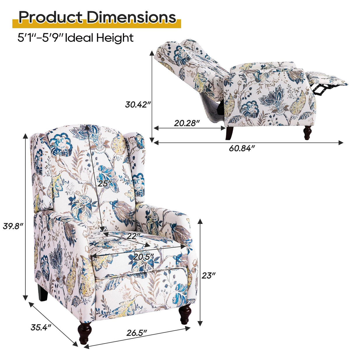 GUEAPY Mid Century Modern Wingback Recliner Chair for Adults, Push Back Upholstered Accent Chair with Floral Fabric, Manual Reclining Armchair for Living Room, Bedroom, Reading Corner (Blue Botanical) GUEAPY