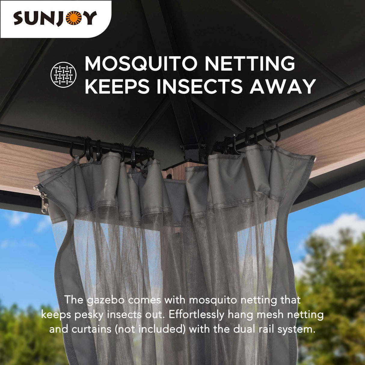 Sunjoy Hardtop Gazebo 10 x 12 ft. Outdoor Patio Gazebo with LED Lights (Batteries Operated), Remote Control and Netting, Black Sunjoy