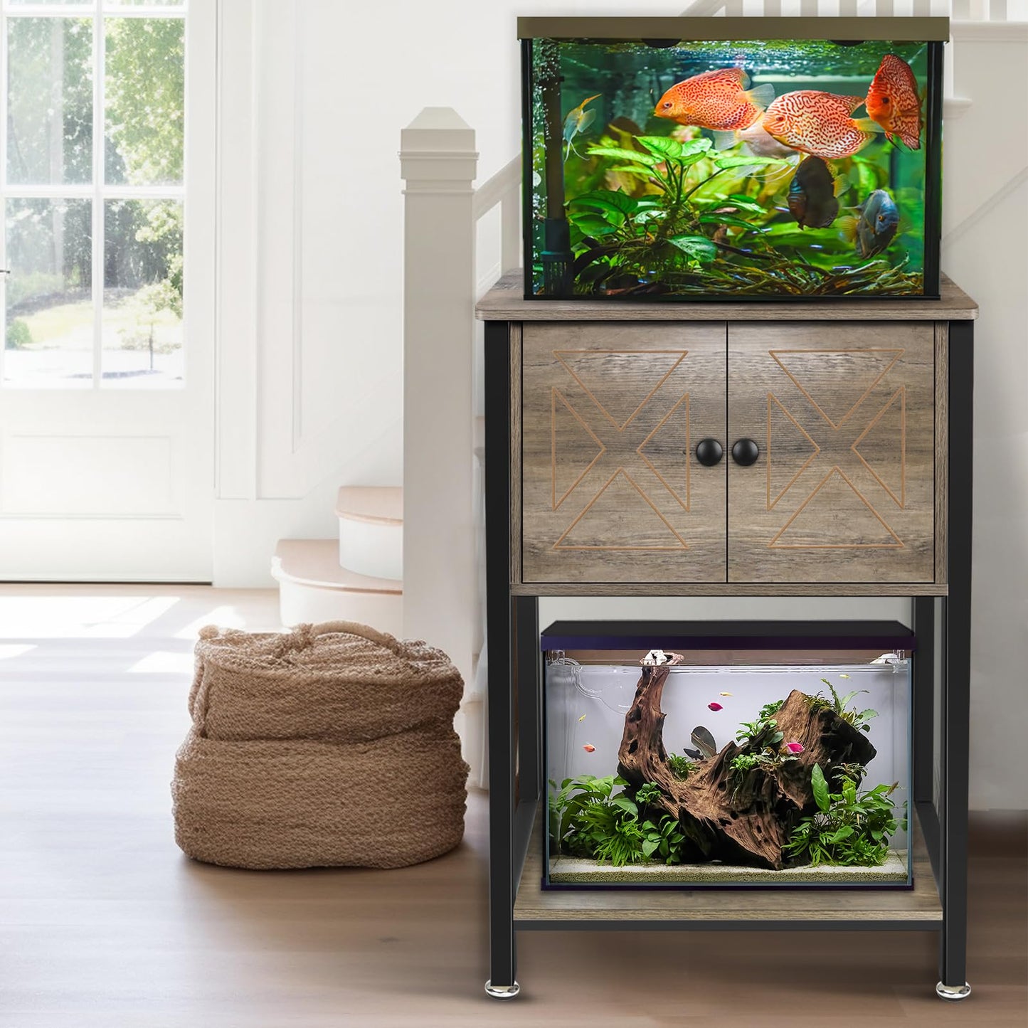 5-10 Gallon Fish Tank Stand, Heavy Duty Aquarium Stand with Cabinet & Power Outlets for Fish Tank Accessories Storage, Double Tank Stand 20.5" L* 11" W Tabletop, 220LBS Capacity, Grey