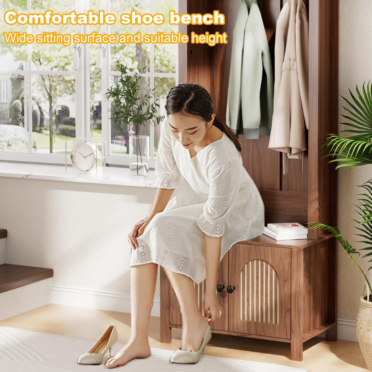 Hall Tree with Bench and Shoe Storage, Entryway Storage Bench with Coat Rack, 70.9"Arch Coat Rack with 4 Hooks and 2 Fluted Doors, Farmhouse Style Furniture Organizer for Hallway (Walnut, 23.7"W) Mxtxmy