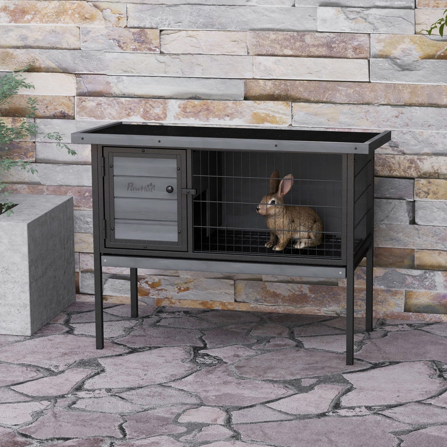 PawHut Rabbit Hutch Elevated Bunny Cage Small Animal Habitat with Metal Frame, No Leak Tray, Metal Wire Pan and Openable Water-Resistant Asphalt Roof for Indoor/Outdoor Gray