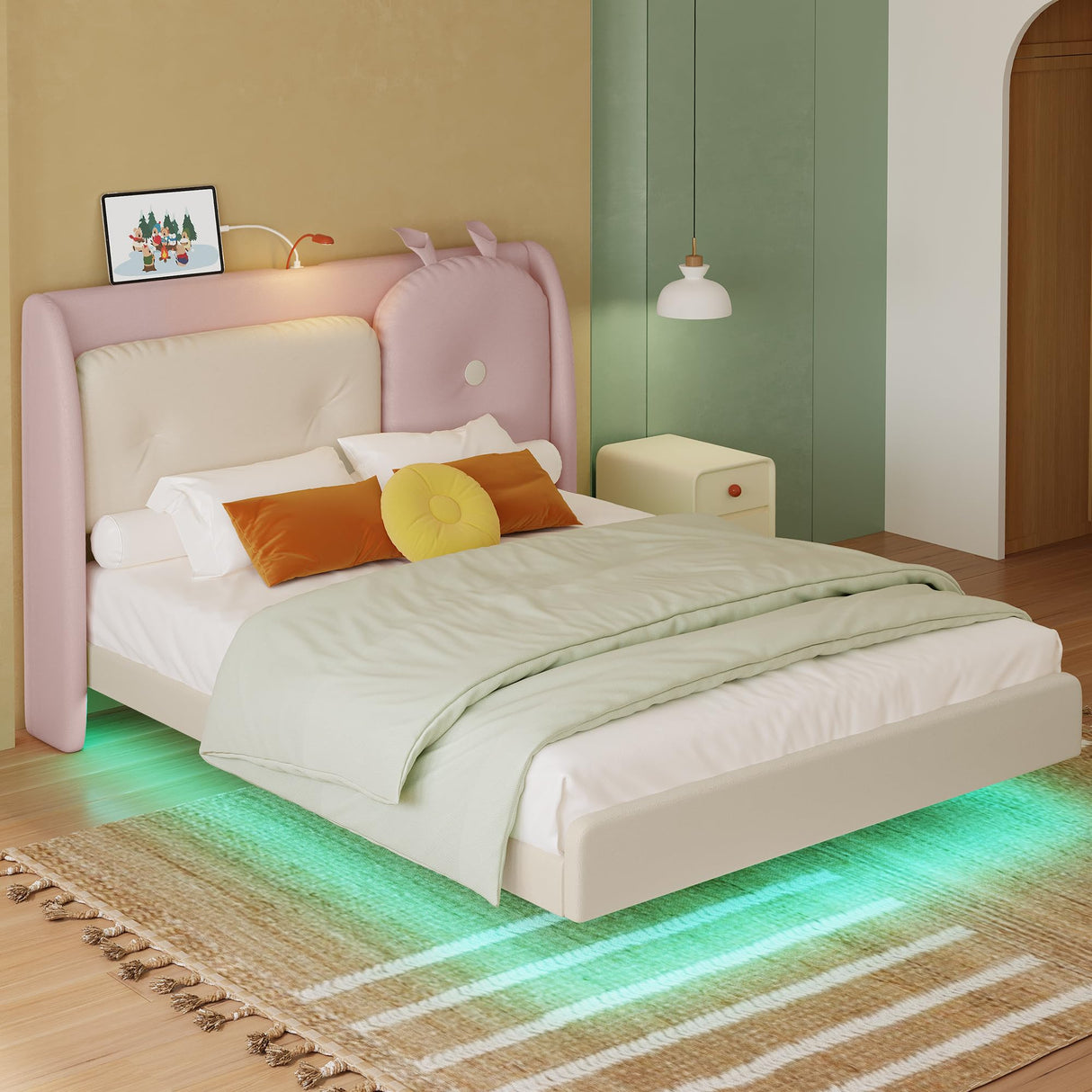 LIKIMIO Full Floating Bed Frame, Platform Bed Frame with Leather Upholstered Headboard,LED Light & Charging Station, Solid Wood Slats Support, No Box Spring Needed, Pink LIKIMIO