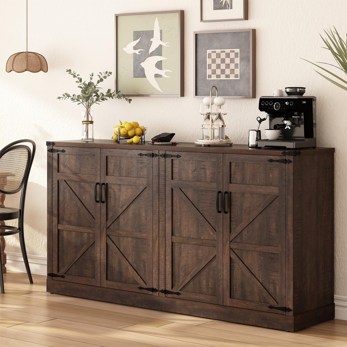 Sideboard Buffet Cabinet with Storage - 65’’ Large Farmhouse Buffet Table Coffee Bar Cabinets, Modern Accent Cabinet with Adjustable Shelf and 4 Doors, for Kitchen, Dining Room, Living Room, Brown