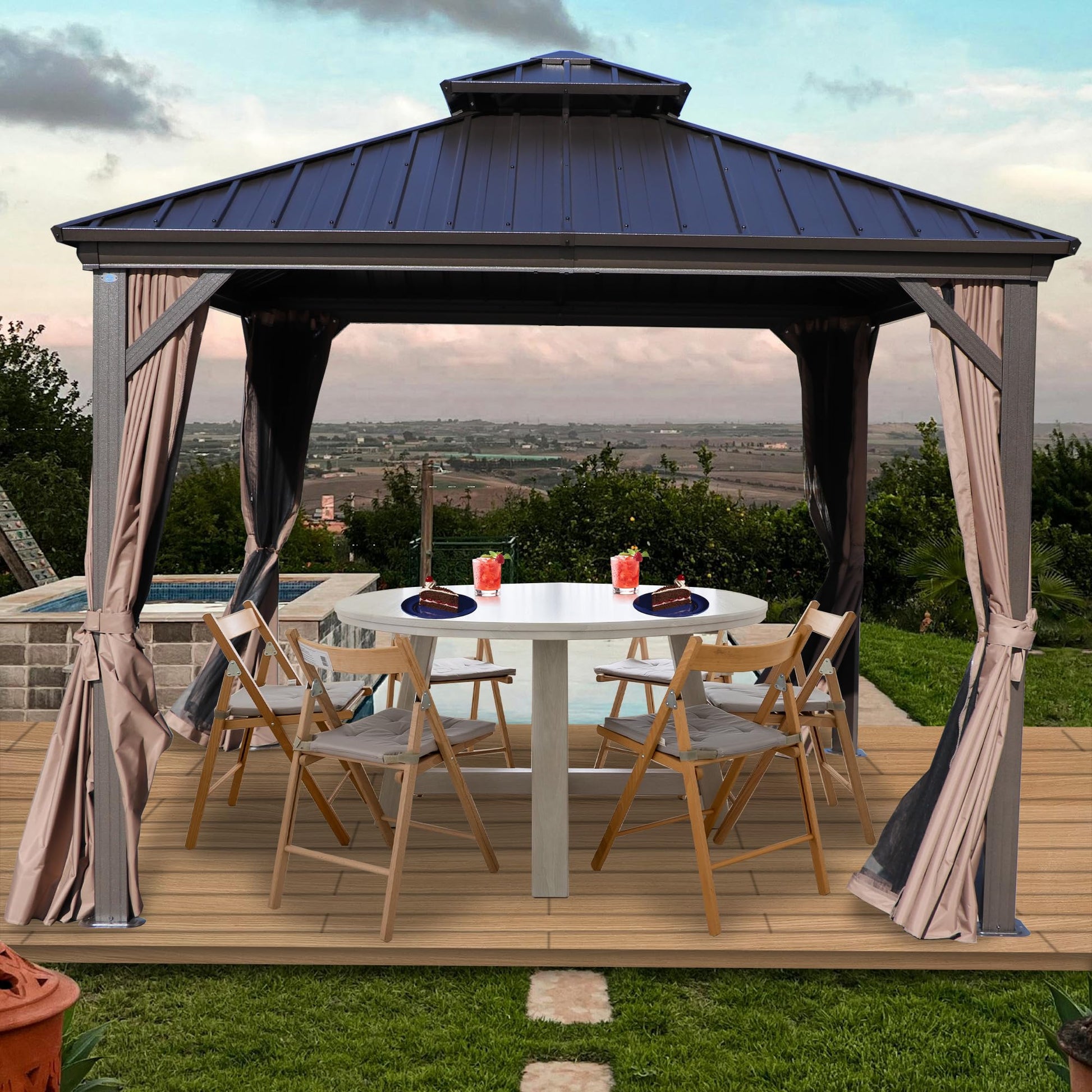 Kozyard 10'x10' Hardtop Gazebo - Permanent Metal Pavilion with Netting and Shaded Curtains for Patio, Backyard, and Deck - Galvanized Steel Outdoor Aluminum Canopy, Double Roof Gazebo (Brown) - WoodArtSupply