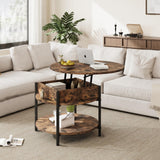 Ablefurn 26.77” Round Lift Top Coffee Table with Hidden Compartment and Adjustable Foot Pad,Rustic Central Table Dining Table with Lift Tabletop and Open Shelf for Home Living Room, Office, Brown Ablefurn