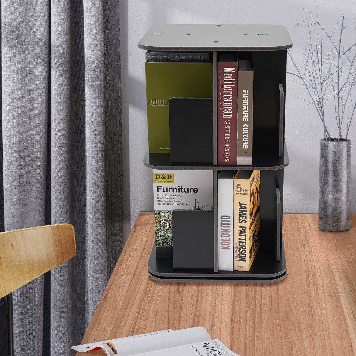 Wingderlier 2-Tier 360° Rotating Black Bookshelf - Space-Saving Stackable Storage Solution Wingderlier