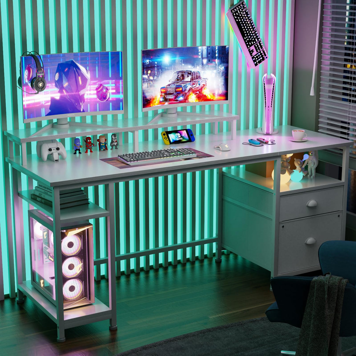 Furologee 61'' Computer Desk with Fabric File Cabinet & Drawer, Reversible White Storage Shelf, Office Long Monitor Stand, Writting Workstation, for Home/Office/Bedroom, 61in NO Outlets Furologee