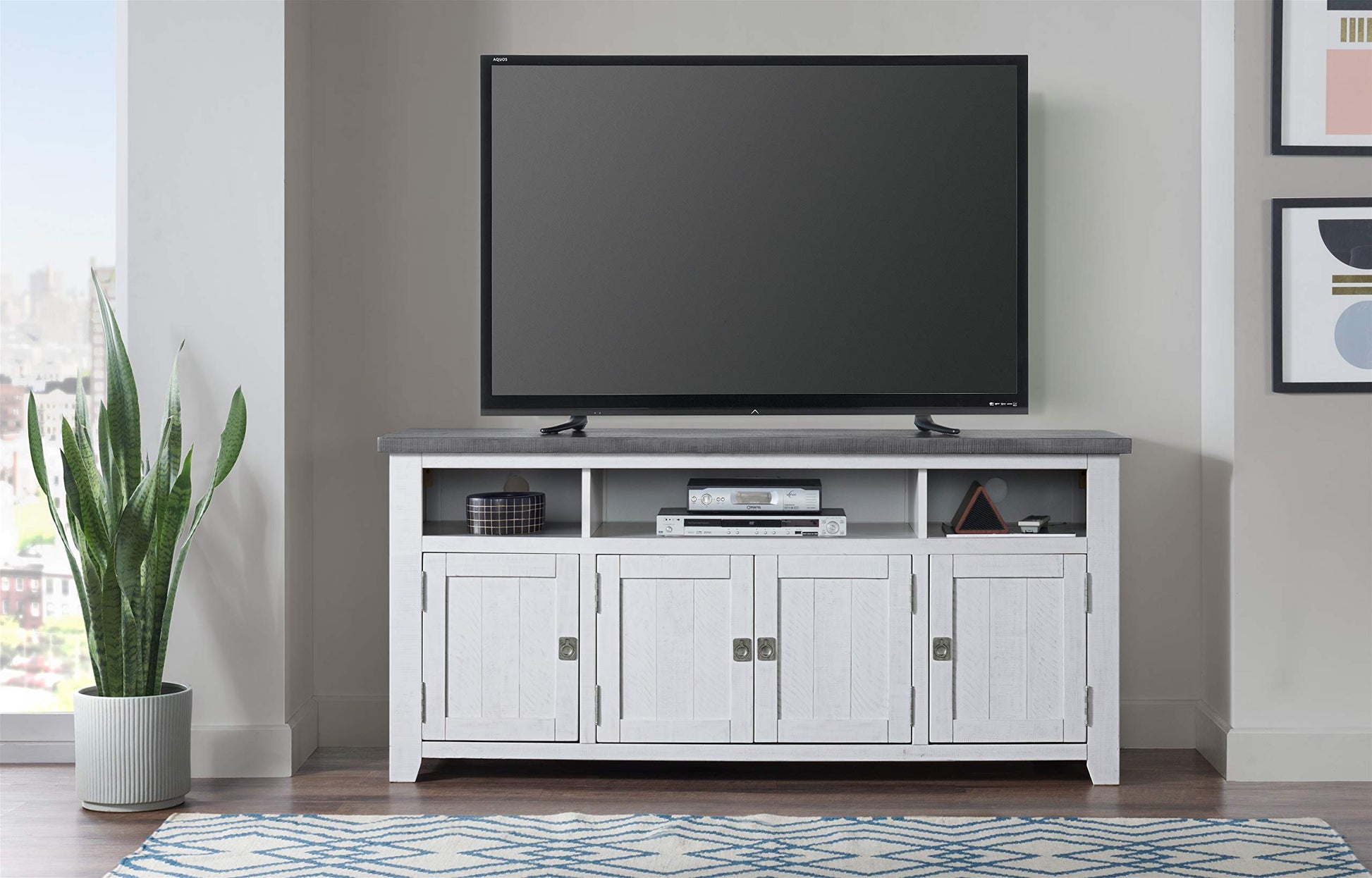 Martin Svensson Home Foundry 65" TV Stand, White Stain with Grey Top - WoodArtSupply