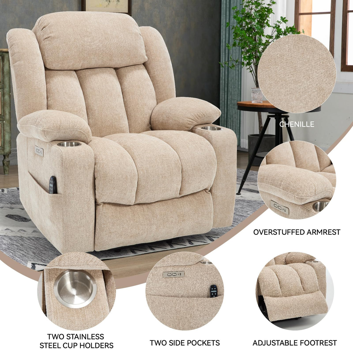 Power Lift Chair for Elderly, Electric Recliner Chair with 8-Point Vibration Massage and Lumbar Heating, Charging Ports, Cup Holders, Standing Assistance Reclining - Ivory White Luxlen