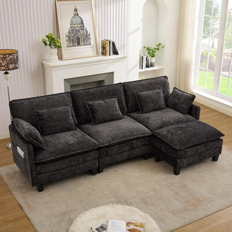SAMERY Modular Sectional Sofa, 113" L Shaped Couch Set for Living Room Comfy Cloud Couch with Movable Ottoman, Extra Deep Seat Sofa Sleeper with 5 Pillows, Black Chenille 3-Seater Sofa SAMERY