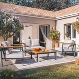 Greesum 4 Piece Furniture Patio Lounge Conversation Set Solid Wood Armrest & Table Top Anti-Drop Thick Waterproof Cushion, Onesize, Light Beige Greesum