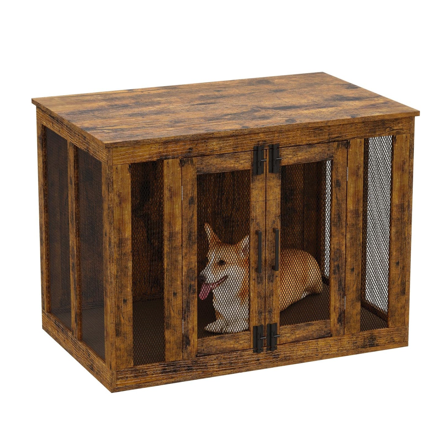 Irontar Dog Crate Furniture with Cushion, Double-Door Dog Crate for Small to Large Dogs, Wooden Dog Kennel Table, End Table Dog House Furniture, Dog Cage Indoor, Rustic Brown MGW001X-1 - WoodArtSupply