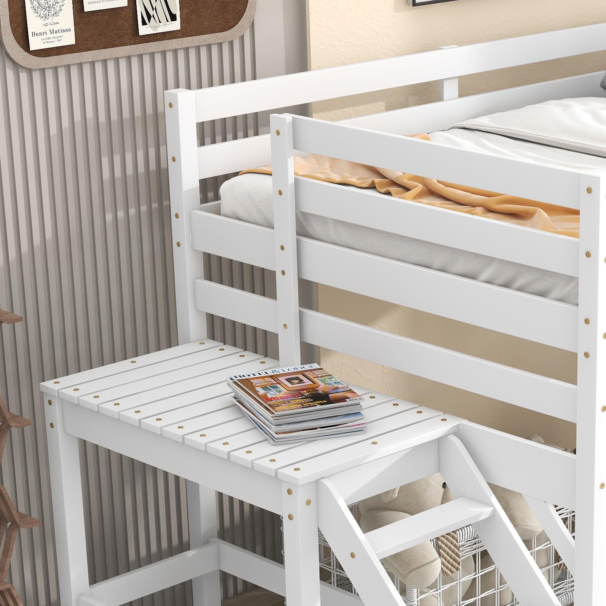 Dolonm White Full Loft Bed with Platform and Ladder – Stylish Low Height Frame for Kids & Adults - WoodArtSupply