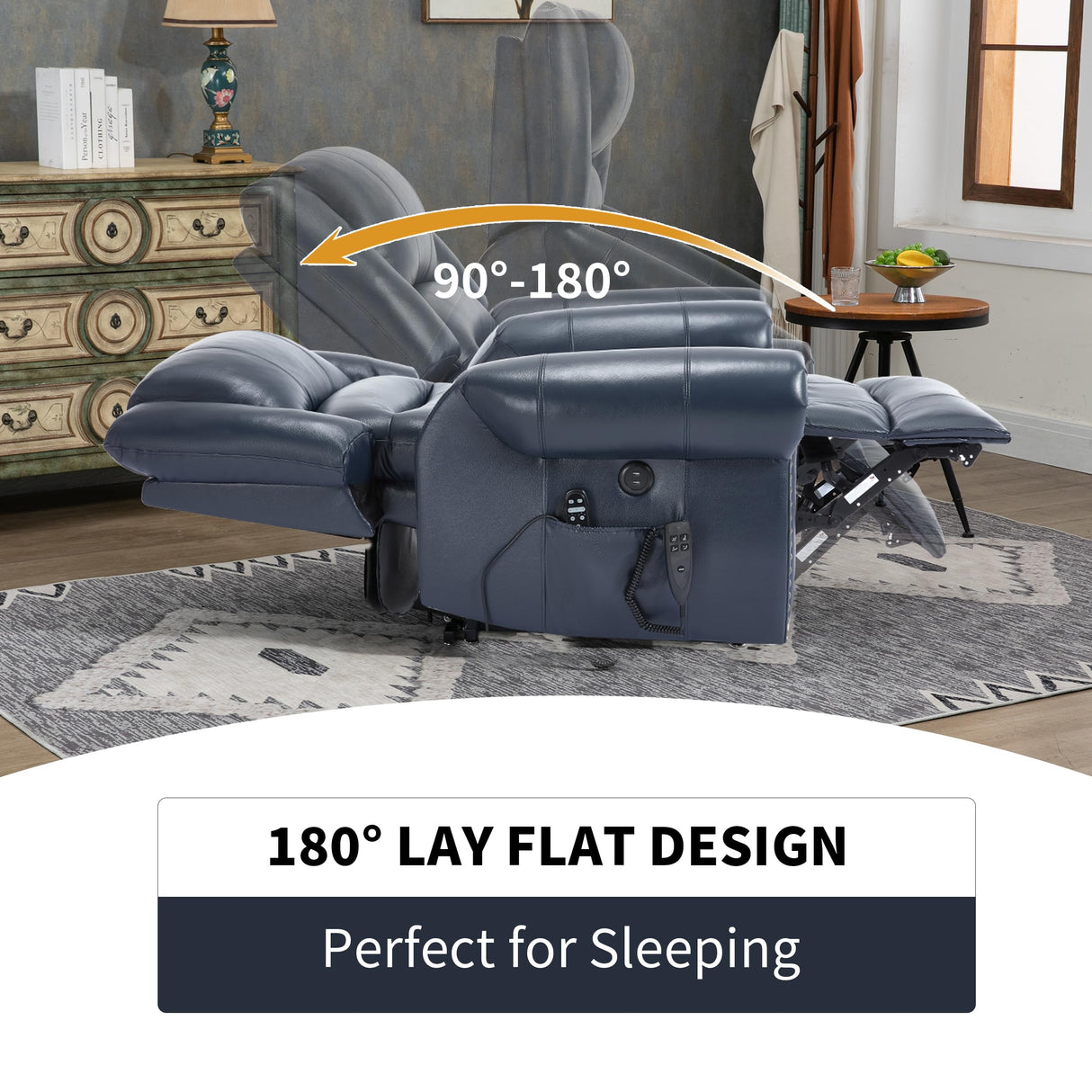 Dual Motor Power Lift Chair, Lay Flat Recliner Chair, Electric Recliner with Massage and Heat for Elderly, Remote Control, Infinite Position, Standing Assistance, USB Ports (Blue, Genuine Leather) Trustyue