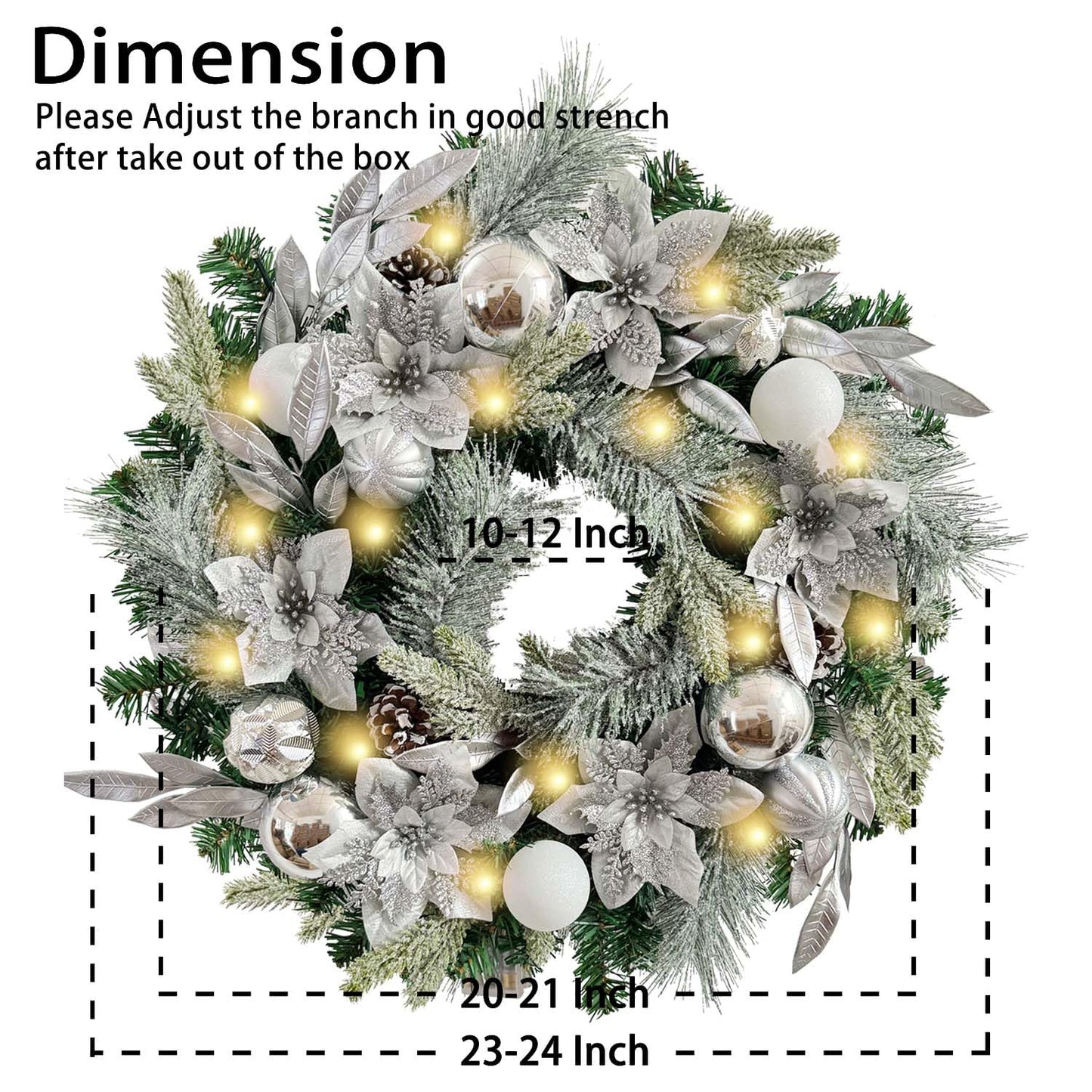 WANNA-CUL Pre-Lit 24 Inch Lighted Christmas Wreath for Front Door Decor with Silver White Christmas Ball Ornaments and Poinsettia Flowers,Battery Operated 30 LED Lights