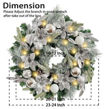 WANNA-CUL Pre-Lit 24 Inch Lighted Christmas Wreath for Front Door Decor with Silver White Christmas Ball Ornaments and Poinsettia Flowers,Battery Operated 30 LED Lights WANNA-CUL