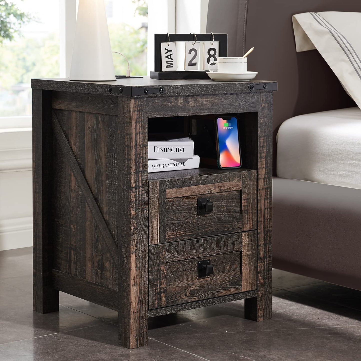 T4TREAM Nightstand with Charging Station, End Table, Side Table with 2 Drawers Storage Cabinet for Bedroom, Living Room, Farmhouse Design, Wood Rustic, Dark Rustic Oak - WoodArtSupply