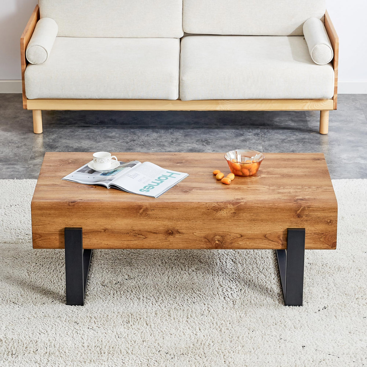 TesNus Rectangle Rustic Coffee Table, Modern Farmhouse Wood Simple Coffee Table with Metal Legs, Center Table for Living Room TesNus