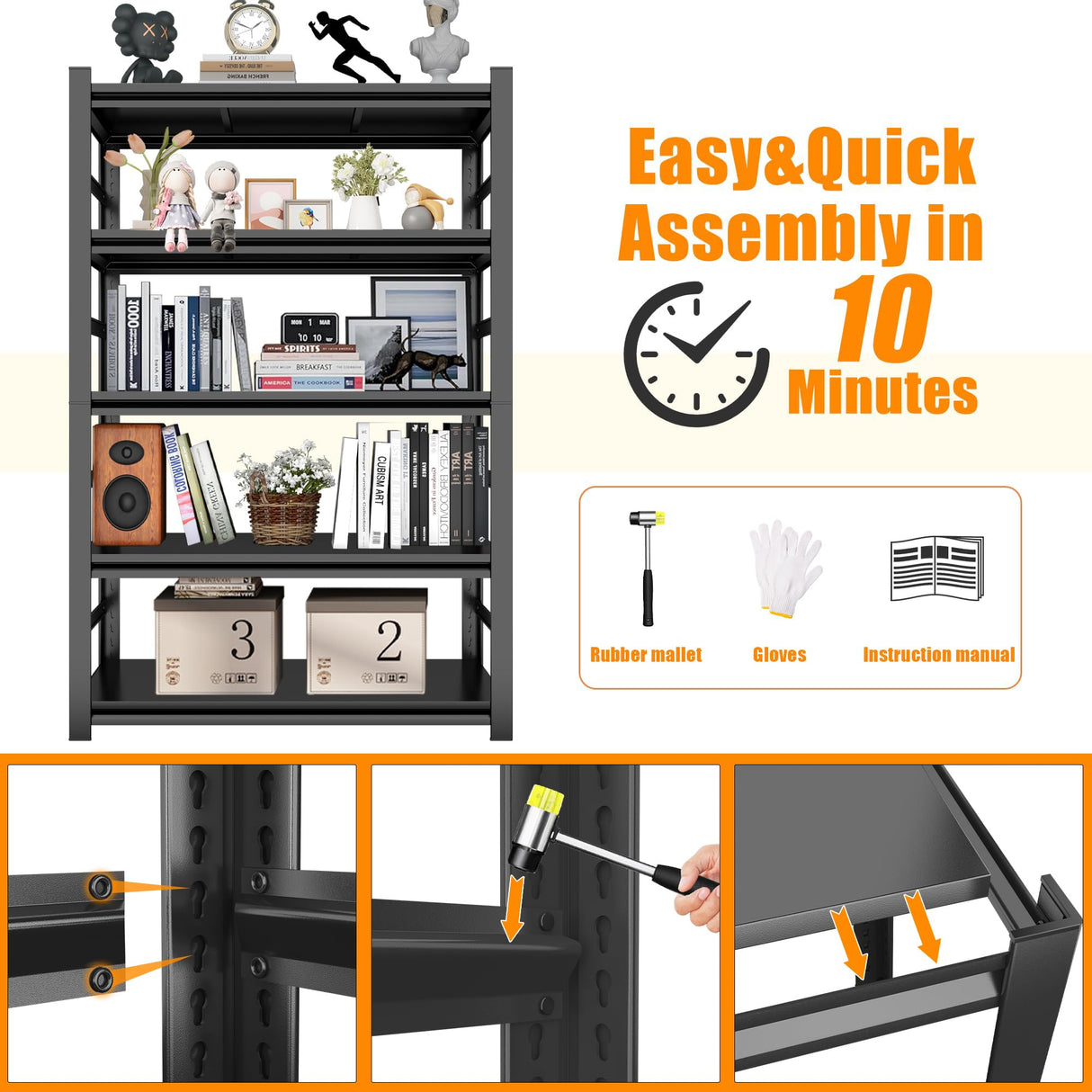 Book Shelf, Metal Bookshelves, Heavy Duty Steel Bookcases, Large Storage Capacity Adjustable Tall Industrial Bookshelf for Living Room, Bedroom and Library, Black (5-Tier With Fence 72''Hx36''Wx16''D) ErgoNova