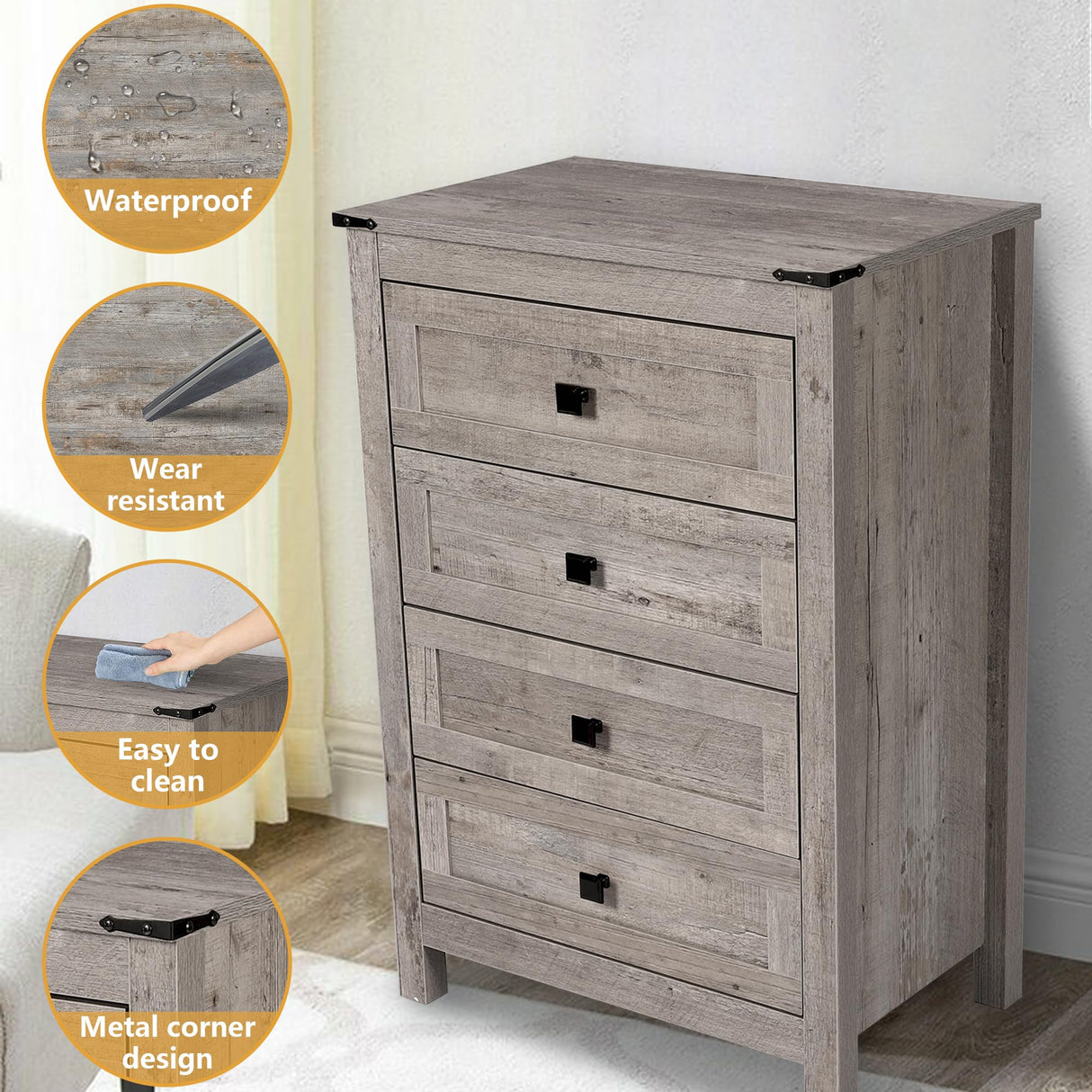 BTDWI Farmhouse 4 Drawer Dresser for Bedroom, 24" Wide Wood Dresser with Metal Handle for Bed Room, Hallway, Light Grey Rustic Oak BTDWI