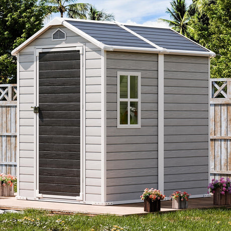 Outdoor Storage Shed with Floor Included, 6x4 FT Waterproof Resin Plastic Sheds with Window Door, Outside Storage Sheds for Garden Backyard Patio Lawn Tools, Gray Restland