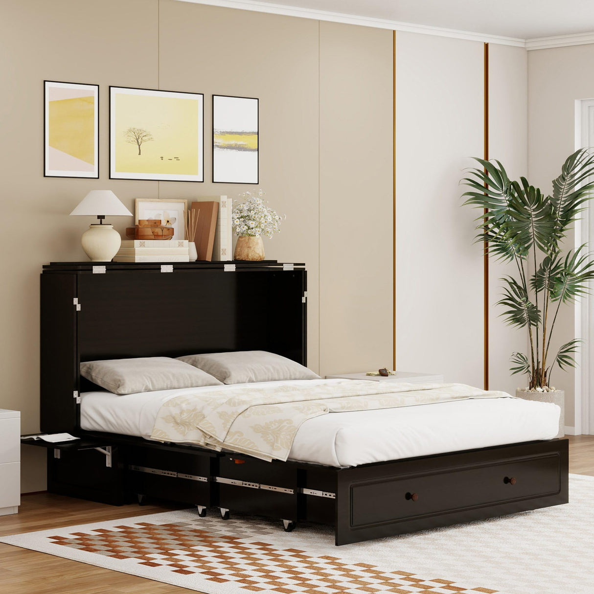 Tafeumob Murphy Bed Queen Size: Murphy Bed Cabinet with Drawer Space-Saving with Shelves&Charging Station for Bedroom, Multipurpose Area, Guest Room, Apartment Black (Mattress not Included) Tafeumob