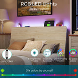 LINSY Wood Bed Frame, Queen Bed Frame with Headboard LED, Wooden Platform Frames with Charging Station, No Box Spring Needed, Easy Assembly, Natural Wood LINSY