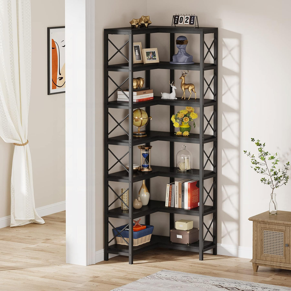 LITTLE TREE 79 inches Tall Bookshelf Bookcase, 7-Tier Corner Book Shelf, Modern Freestanding Open Book Shelves, Black Shelving Unit Display Shelf for Living Room LITTLE TREE