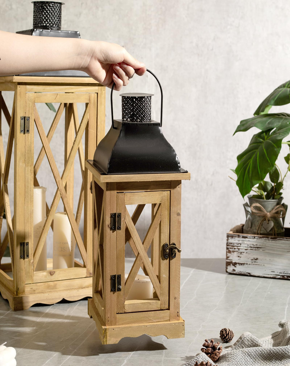 Venalys Farmhouse Wooden Metal Candle Lantern Set of 2, Rustic Large Decorative Floor Lanterns, Indoor/Outdoor Hurricane Lantern for Home Decor (No Glass) Venalys