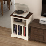 Farmhouse Record Player Stand, 3 Tier End Table, Turntable Stand with Vinyl Record Storage Holds Up to 160 Albums,Wood Record Holder Cabinet Dispaly Shelf for Living Room,Bedroom,Office,Antique White RowyPoey