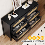DWVO Natural Rattan 6 Drawer Dresser-Wooden Black Boho Double Dresser Chest of Drawers with Golden Handles-Modern Large Closet Dressers Storage Cabinet for Living Room/Hallway/Entryway DWVO