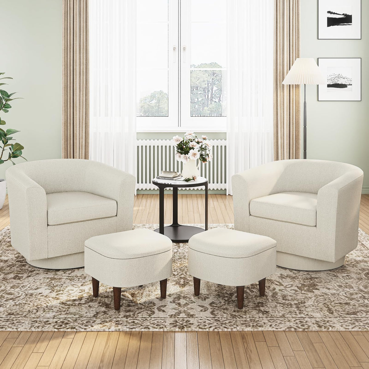 COLAMY Upholstered Swivel Barrel Accent Chair with Ottoman, Modern Single Sofa Lounge Armchair Club Chair with Storage Space for Living Room Bedroom Office, Beige,2pc COLAMY