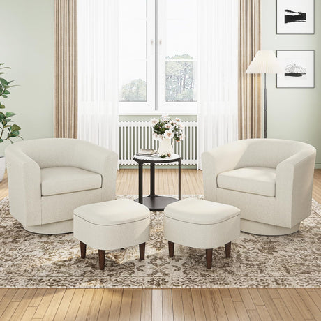 COLAMY Upholstered Swivel Barrel Accent Chair with Ottoman, Modern Single Sofa Lounge Armchair Club Chair with Storage Space for Living Room Bedroom Office, Beige,2pc COLAMY