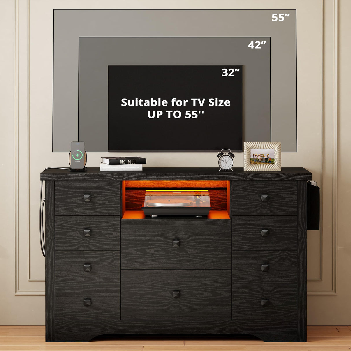 LIKIMIO Dresser with 10 Drawers, Bedroom Wooden Chest of Drawers with LED Lights and Power Outlets, Fabric Side Pocket, TV Stand for Living Room, Black LIKIMIO