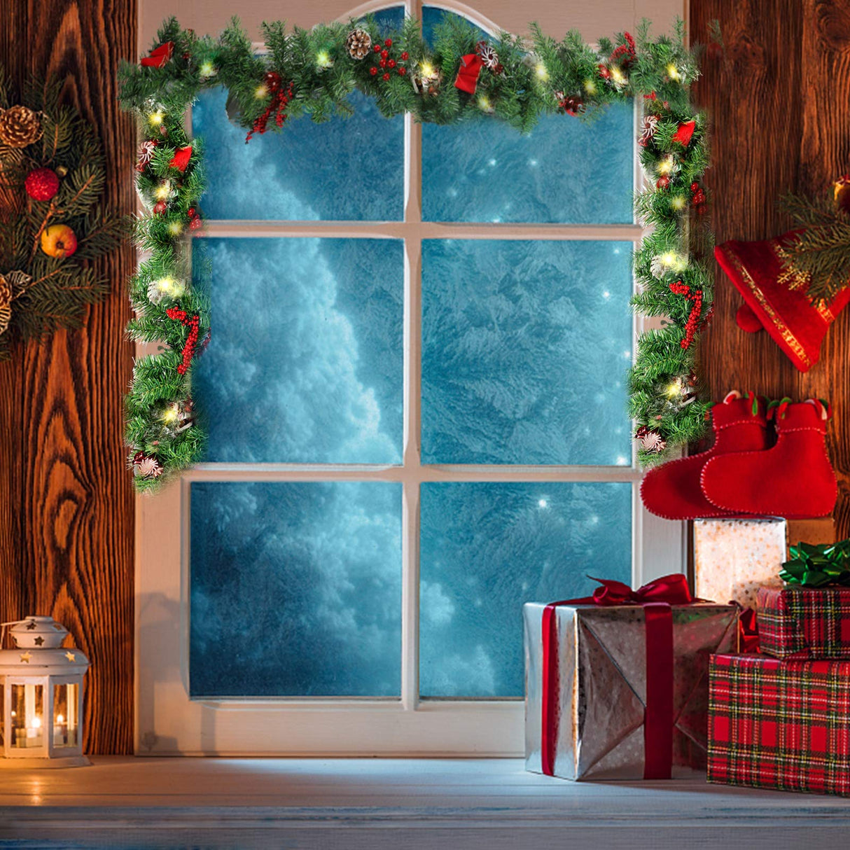 MorTime 9 FT LED Christmas Garland with Pinecones Red Berries Bows Christmas Balls Candies, Multi-function Christmas Garland with 50 Warm White LED Lights, 180 Branch Tips MorTime