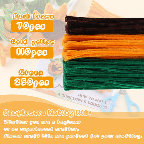 UzecPk 430PCS Pipe Cleaners for Crafts, Pipe Cleaner Sunflower Kit, Pipe Cleaner Craft Sunflowers Kit with Instructions, 3 Colors Pipe Cleaners Set for DIY Art Craft Decorations-5 Flowers UzecPk