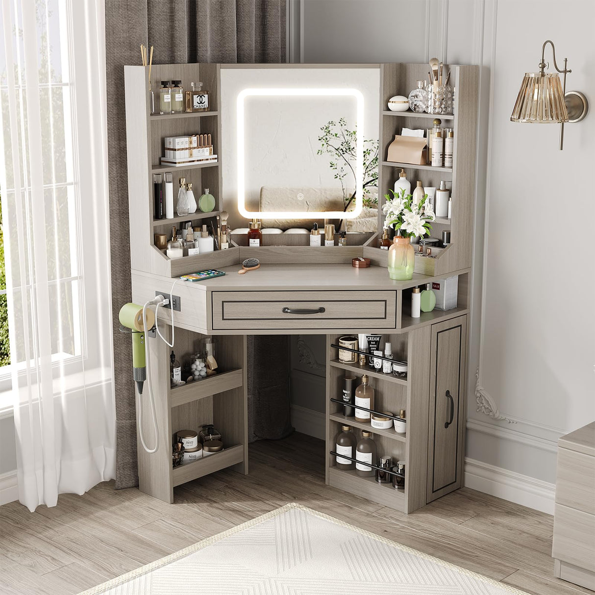 Makeup Vanity Desk, Corner Vanity Desk with HD LED Mirror, Lots Storage Shelves, 2 Drawers & Cabinets, Vanity with Charging Station, 3 Lighting Modes with Adjustable Brightness Maupvit